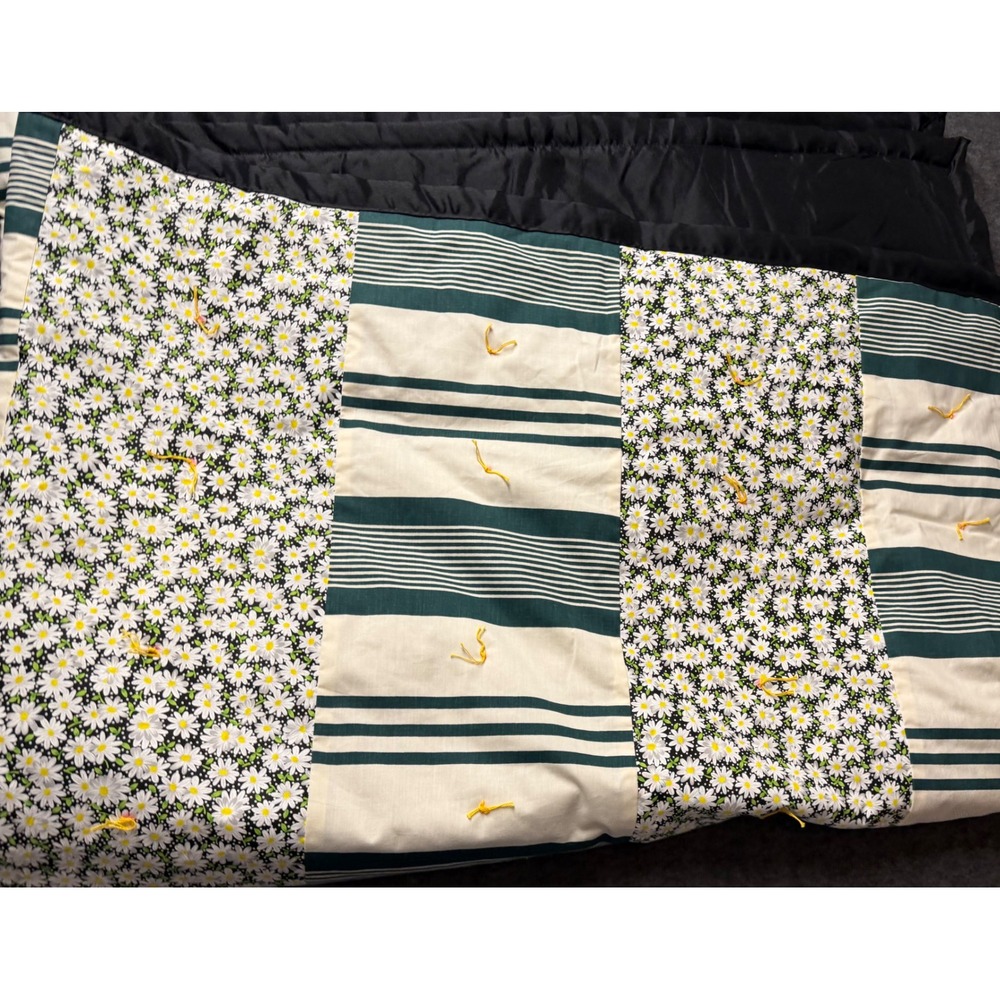 Handmade Patchwork Tied Quilt Floral Daisy Striped Cottagecore Black Green Cream - Picture 5 of 16